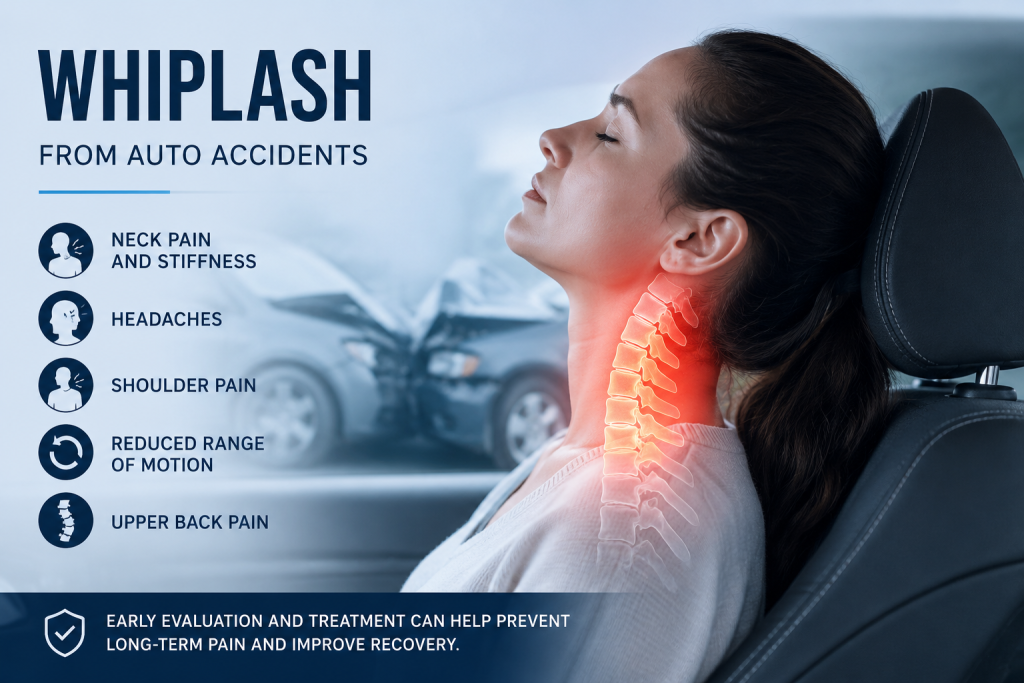 Whiplash infographic showing common symptoms, delayed pain, and chiropractic treatment after a car accident