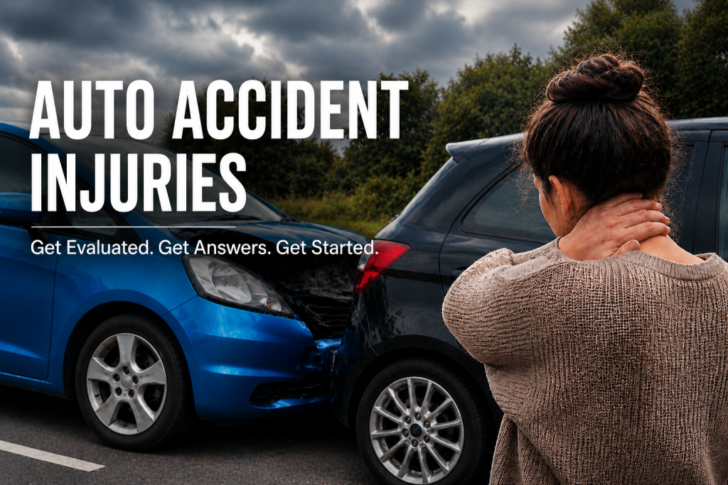Woman holding her neck after a car accident while standing beside two damaged vehicles.