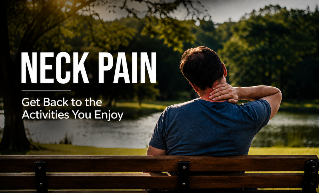 Man sitting on a park bench holding his neck due to neck pain while enjoying an outdoor setting.