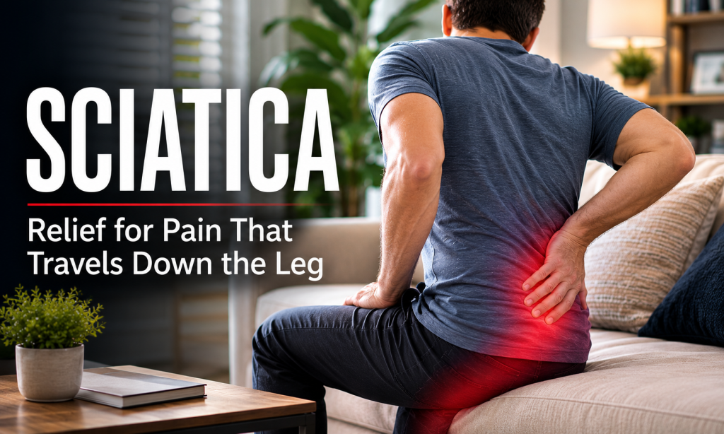 Person sitting on a couch experiencing sciatic pain in the lower back, hip, and leg.