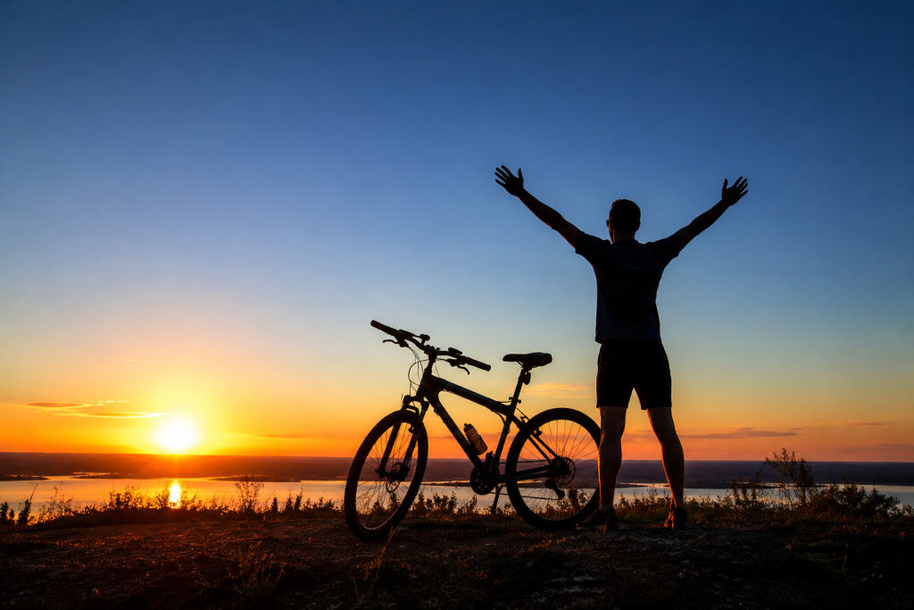 Person celebrating an active, healthy lifestyle while standing beside a bicycle at sunset