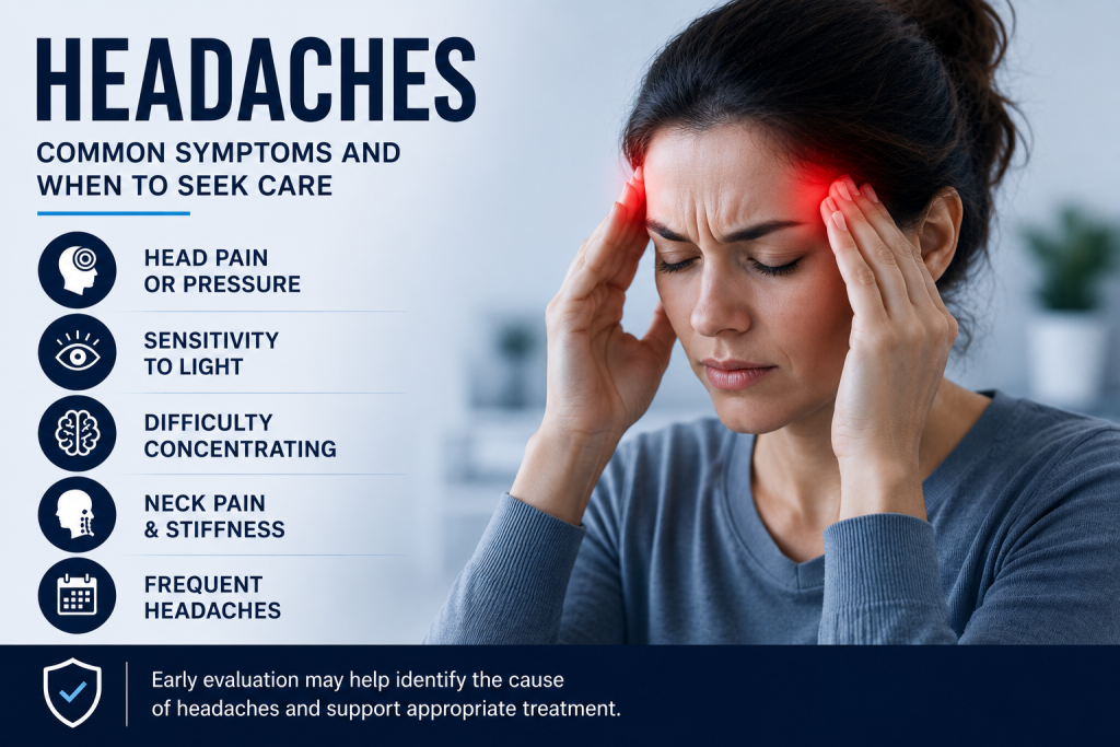 Headache infographic highlighting common headache symptoms, neck pain, difficulty concentrating, sensitivity to light, and the importance of early evaluation and treatment.