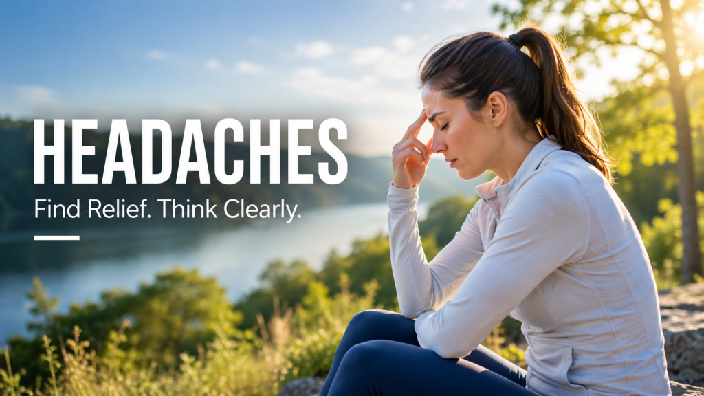Woman experiencing headache symptoms outdoors representing headache relief and chiropractic care in Mooresville, NC.