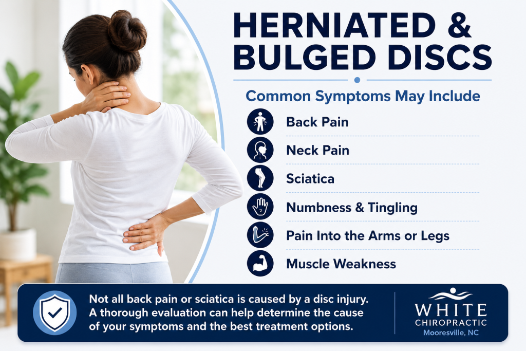 Herniated and bulged disc infographic showing symptoms such as back pain, neck pain, sciatica, numbness, tingling, muscle weakness, and pain radiating into the arms or legs.