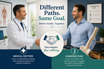 Medical doctor and chiropractor comparison infographic showing two healthcare professionals working toward the same goal of improving patient health. The image explains that medical doctors focus on diagnosing and managing medical conditions, while chiropractors focus on the spine, nervous system, movement, and function to support overall well-being.