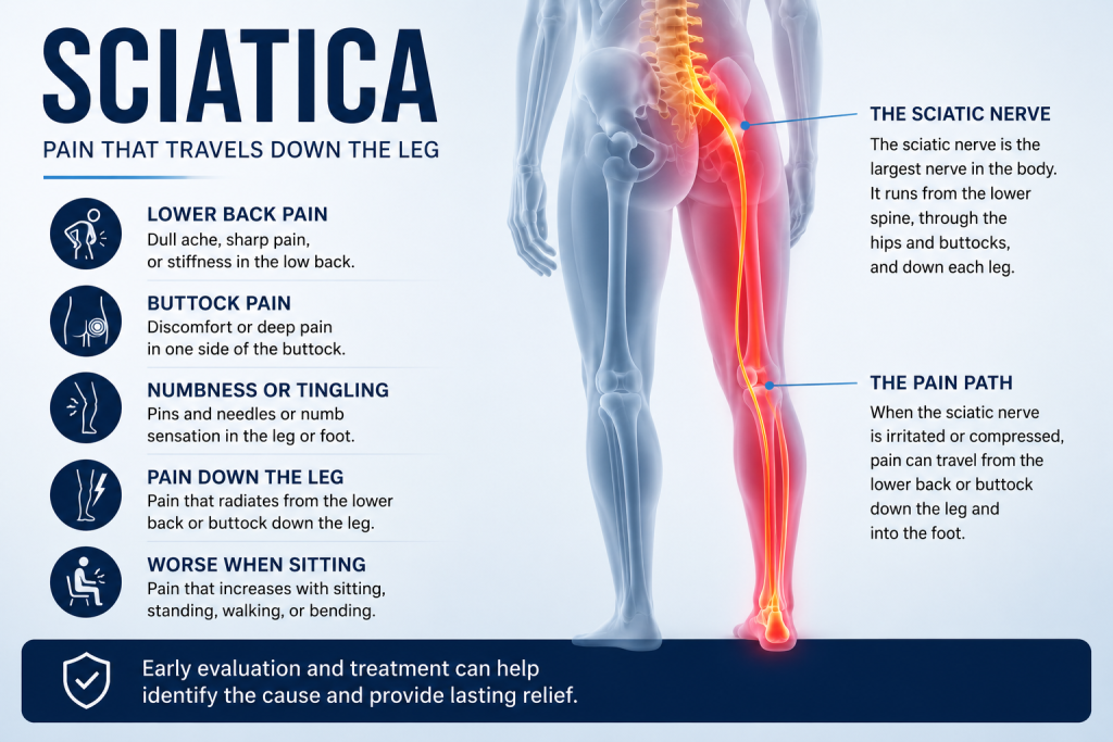 Infographic showing common symptoms of sciatica, including lower back pain, buttock pain, numbness or tingling, pain traveling down the leg, and discomfort while sitting, standing, or walking.