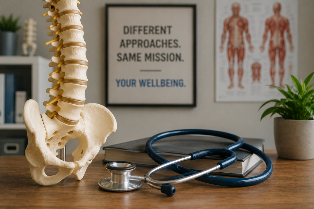 Chiropractic spine model and medical stethoscope side by side in a professional healthcare setting, symbolizing the different but complementary approaches of chiropractors and medical doctors in patient care.