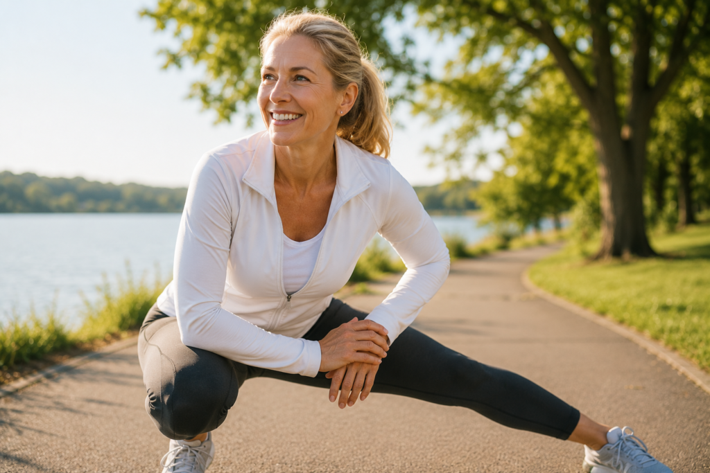 Smiling woman stretching outdoors along a lakeside path, illustrating healthy movement, physical activity, and an active lifestyle supported by chiropractic care.