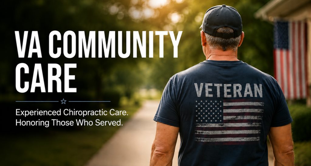 Veteran standing outdoors with American flag imagery representing VA Community Care chiropractic services at White Chiropractic in Mooresville, NC.