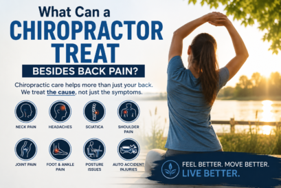 Illustration showing common conditions chiropractors may help treat, including neck pain, headaches, sciatica, shoulder pain, joint pain, posture problems, foot and ankle pain, and auto accident injuries.