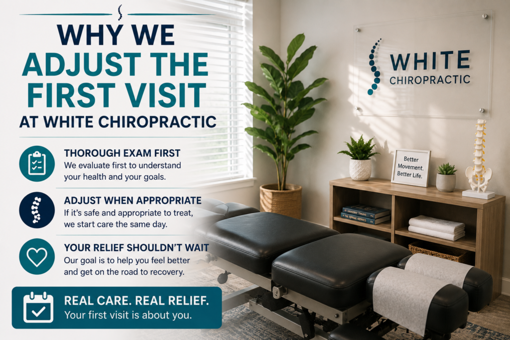 Modern chiropractic treatment room at White Chiropractic illustrating the first-visit process, where patients receive a thorough examination and, when medically appropriate, a same-day chiropractic adjustment