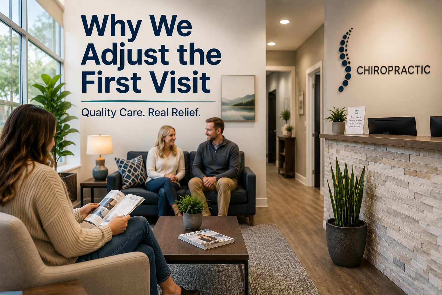 Welcoming chiropractic office waiting room with patients before their first appointment, highlighting White Chiropractic's approach of providing a thorough examination and, when medically appropriate, a same-day chiropractic adjustment on the first visit.