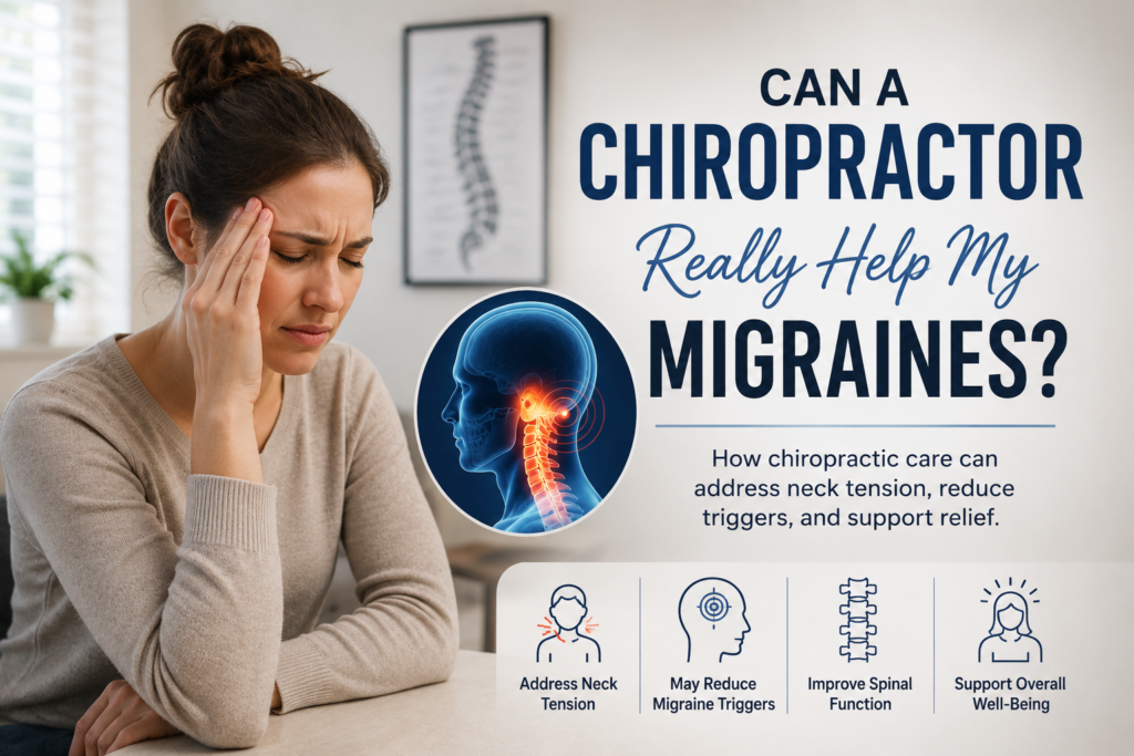 Woman experiencing migraine pain with an illustration showing the connection between neck tension and migraines and how chiropractic care may help.
