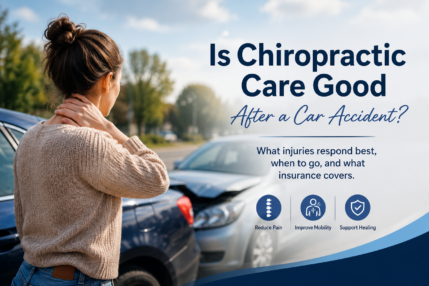 Woman holding her neck beside two cars after a minor car accident, illustrating common whiplash and neck injuries treated with chiropractic care.