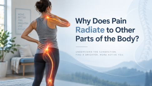 Woman experiencing radiating pain from the neck and lower back into the arm and leg, illustrating how nerve irritation can cause pain to travel to other areas of the body.