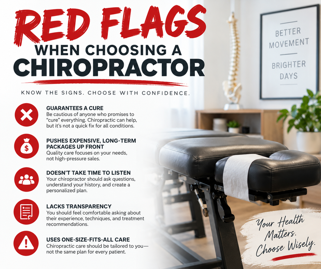 Infographic showing five red flags to watch for when choosing a chiropractor, including unrealistic promises, expensive care packages, poor communication, lack of transparency, and one-size-fits-all treatment.