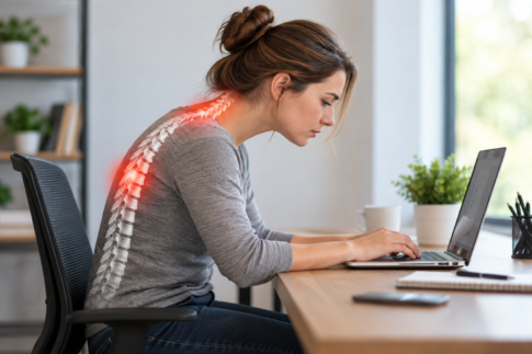 Woman with forward head posture working on a laptop with neck and upper back pain