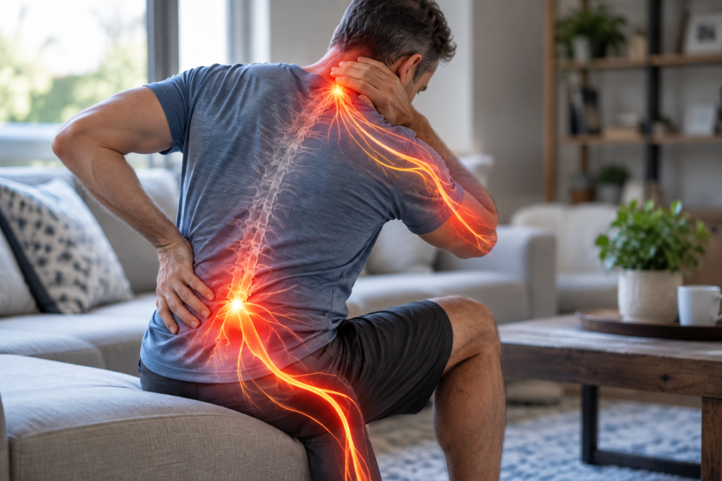 Man with neck and lower back pain radiating into the arm and leg, illustrating how nerve irritation can cause pain to travel through the body.